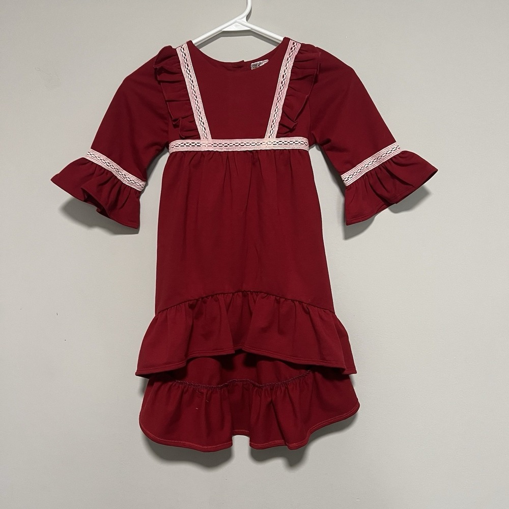 Sissymini Toddler Girls 5 Ruffle Bell Sleeve High Low Hem Lace Trim Tiered Dress